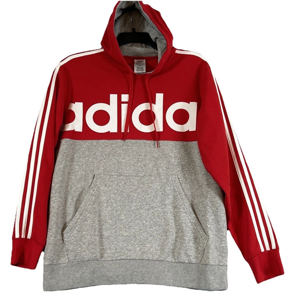 Adidas Large Spell Out Color Block Red Grey Mens Hoodie Sweatshirt Size Large